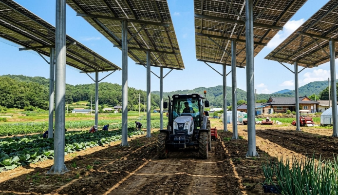 영농형 태양광 아래에서 작업하는 트랙터 현장